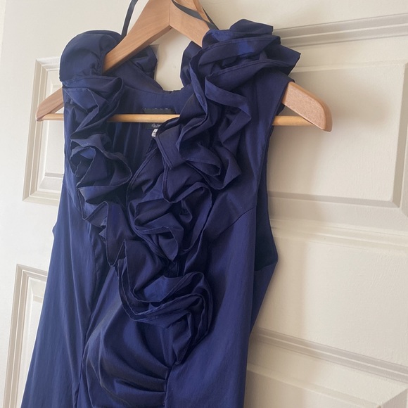 Ruffled V-Neck Metallic Navy Color Dress XSCAPE by Joanna Chen - Picture 3 of 12